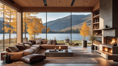 Lake House Home Design Plans, It's a winter landscape with fireplace, fireplace, awnings, and couch furniture,modern living room,autumn decor,fire place,the cabin in the mountains,corten steel,living