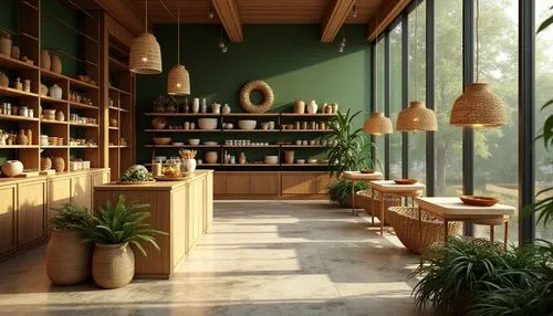 Valley-inspired store environment, modern minimalist interior design, sleek wooden shelves, greenery walls, natural stone flooring, rustic wooden tables, woven baskets, pampas grass, rattan pendant la