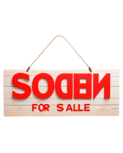 For sale sign, wooden board, white background, bold red font, price tag, rope tied, 3D realistic, morning sunlight, shallow depth of field, vibrant color tone, panoramic view, close-up shot, detailed 