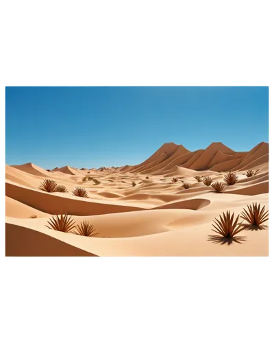 Desert landscape, endless sand dunes, blue sky with few white clouds, hot sun, vast empty space, rocky formations, cacti, sandy ridges, detailed textures, warm color tone, high contrast, cinematic lig
