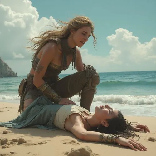a beautiful young lady laying on top of a beach next to the ocean,shipwrecked,castaway,demigods,castaways,grounders,amazons,beached,amity,warrior east,on the beach,beachheads,searchers,lover's beach,i