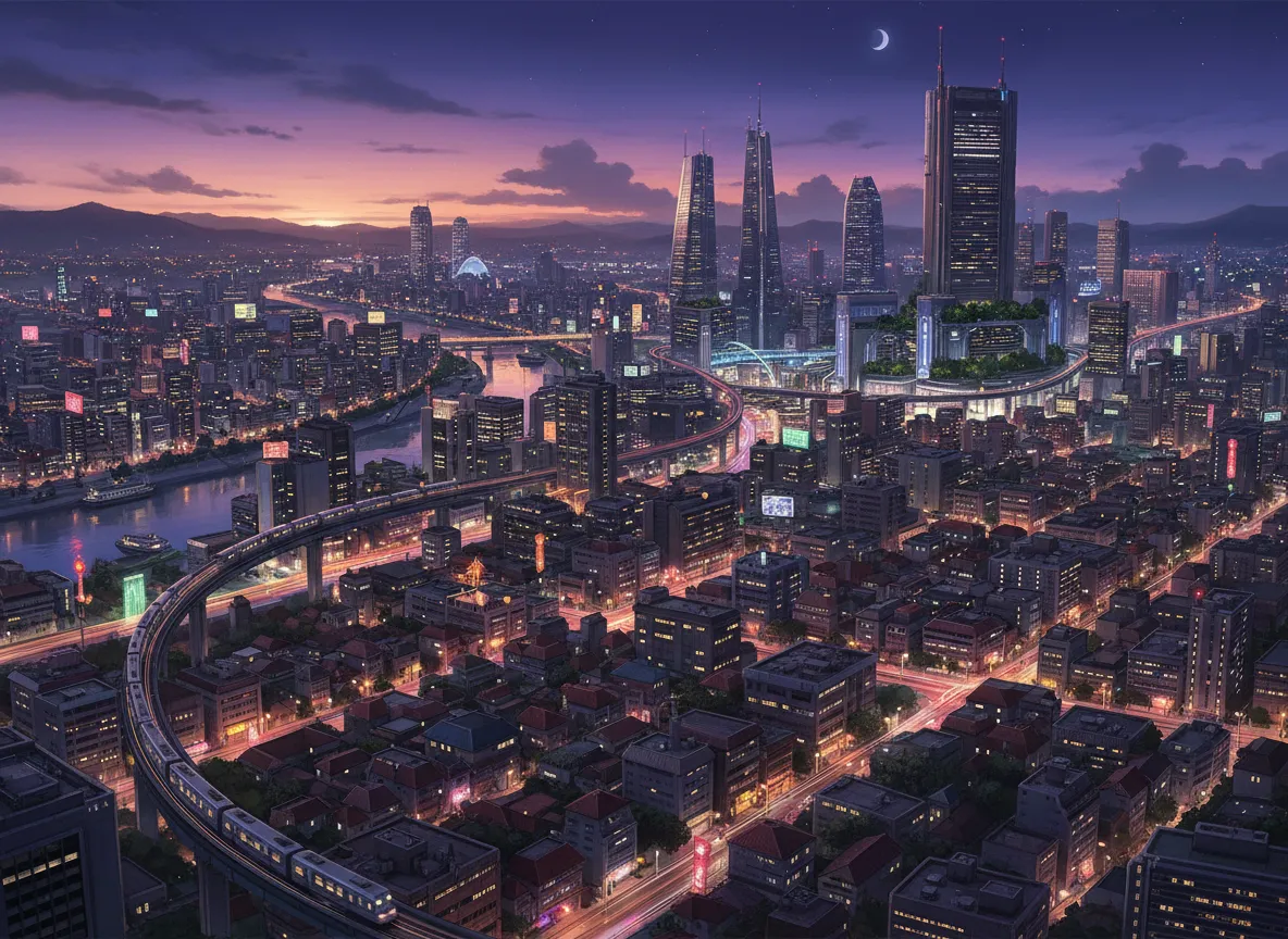 Un dipinto IA ad ampio campo di un paesaggio urbano iper-dettagliato al crepuscolo in stile anime, con innumerevoli finestre e lampioni illuminati.