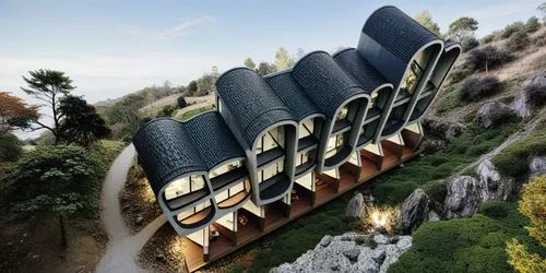 architectural design with curved roof surrounded by rocky terrain,building valley,citadels,render,house in mountains,futuristic architecture,golf hotel,house in the mountains,hotel complex,elves fligh