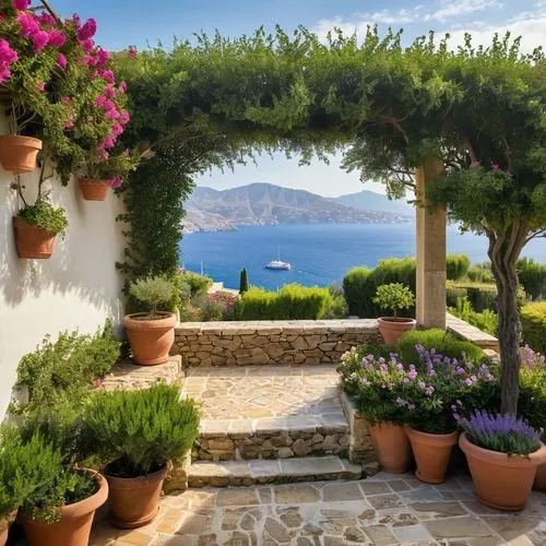 garden,a house with some flowers in pots next to the ocean,aeolian islands,potted flowers,bougainvilleas,home landscape,bougainvillea,summer border,terrace,potted plants,roof landscape,seaside view,co