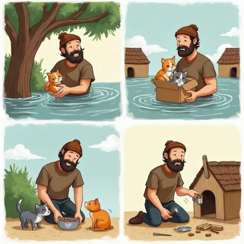 A four-panel cartoon depicts a man with light skin and an untrimmed black beard, wearing a brown beanie and a brown short-sleeved shirt, positively interacting with animals.

Top left: The man gently 