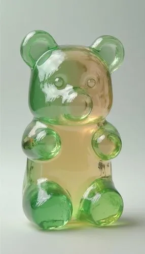 [gummi bear] figurine by glass, in the style of layered translucency, [green] and [pink], Light], 20 megapixels, transparency,an attractive green glass bear sitting in front of a white wall,glass bead
