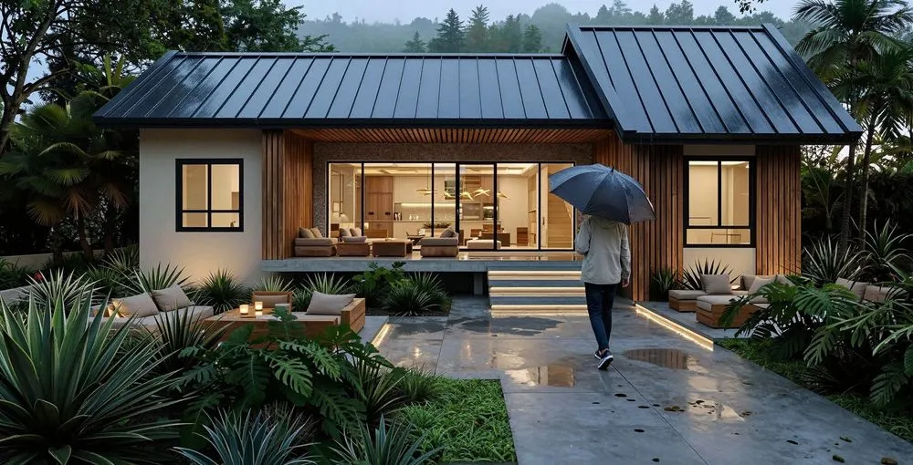 an open concept house at night, with a woman holding an umbrella