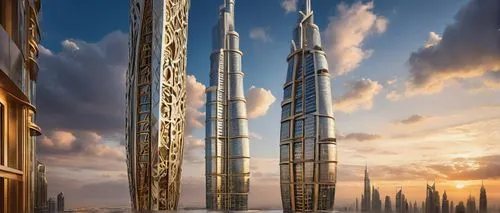 Futuristic architectural design unit, Dubai, modern skyscraper, sleek lines, silver metallic materials, reflective glass facade, intricate Arabesque patterns, luxurious penthouse apartment, spacious b
