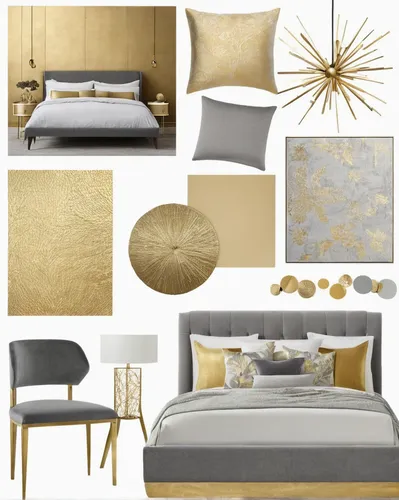 Gold and grey bedroom moodboard for show home design,gold foil laurel,gold foil corner,gold wall,blossom gold foil,gold foil shapes,gold stucco frame,abstract gold embossed,gold lacquer,gold paint str