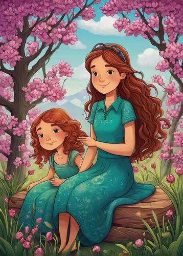 Compose a heartwarming story about friendship and overcoming obstacles.,springtime background,lilo,little girl and mother,mother and daughter,spring background,merida,spring blossoms,two girls,mom and