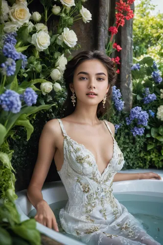 20 years old girl, (extreme detailed face, detailed skin), upper body, deep v dress, graceful girl, outdoor, flower garden,,floral,bathtub,with roses,elegant,floral background,girl in flowers,rose gar