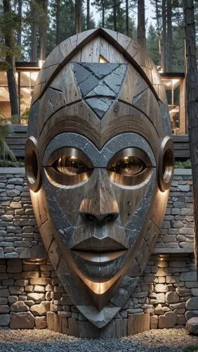 a mask with multiple eyes and stone steps in front of the entrance to a home,wooden mask,totem,stone sculpture,head plate,steel sculpture,mask,golden mask,light mask,wood art,fountain head,garden scul