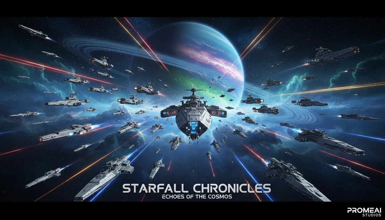 PromeAI से बनाया गया एक सिनेमैटिक स्पेस ओपेरा पोस्टर, जिसमें एक विशाल स्पेसशिप बेड़े को एक जीवंत, छल्ले वाले ग्रह के पास आते हुए दिखाया गया है।