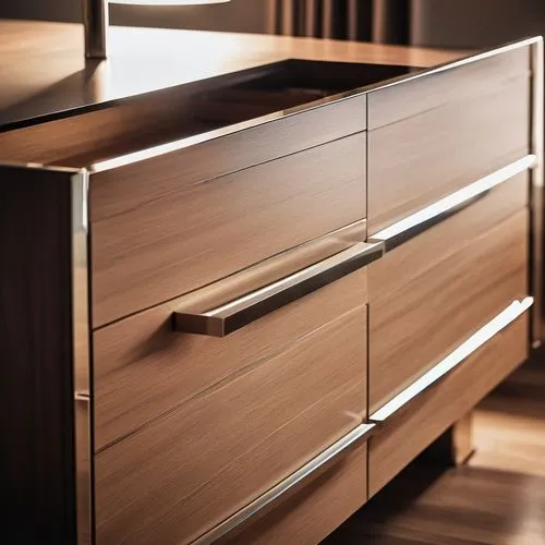 Modern architectural drawers, luxurious villa interior, wooden cabinet, polished chrome handles, sleek minimalist design, 3/4 composition, warm softbox lighting, shallow depth of field, HD texture, re