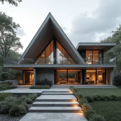 A hyper-realistic, high-resolution architectural photograph of a contemporary, two-story luxury barn house featuring a prominent huge  A-frame roofline and a striking, double-height glass façade. The 