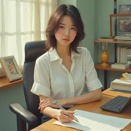 a woman sitting at a desk writing down notes,secretary,secretarial,office worker,business woman,girl at the computer,girl studying