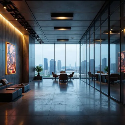 Futuristic interior, sleek metal walls, polished concrete floors, minimalist decor, neon accent lighting, holographic displays, advanced smart home systems, automated glass partitions, ergonomic offic