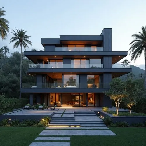 A hyper-realistic, high-resolution architectural photograph of a multi-level, contemporary luxury residence featuring a sleek, geometric design. The exterior is composed of smooth, matte charcoal-gray
