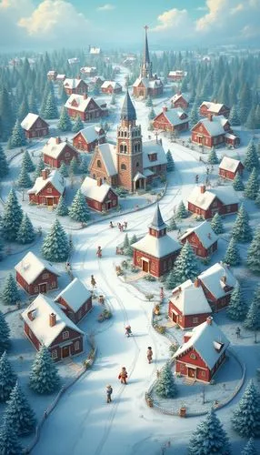 a Christmas small-town scene, with a bustling community nestled amidst a snowy landscape. The houses, churches, and other buildings are rendered in a charming, whimsical style, their roofs and facades