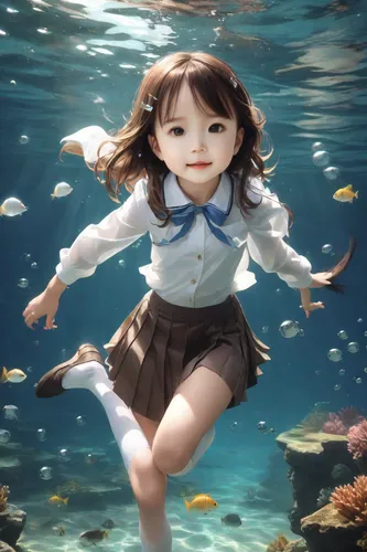 smile, fish, solo, skirt, socks, shoes, brown hair, pleated skirt, knee-length skirt, school uniform, looking at audience, black shoes and socks, leaning forward, white socks, full-length, realistic, 