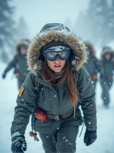 A courageous mountain guide leading a group through a treacherous, snow-covered path during a storm. She’s in her 30s, with ice-crusted goggles and a resolute expression, wrapped in a thick, fur-lined