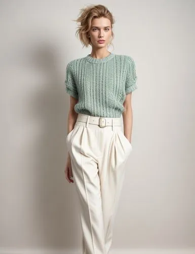 A beautiful fashion model in a French slouchy style outfit,dahlia white-green,menswear for women,neutral color,asymmetric cut,knitwear,sackcloth textured,knitting clothing,linen,trousers,sage green,li