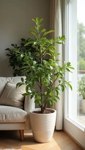decorative tree in pot, living room,home staging,there is a large tree in the vase next to the couch,indoor plant,houseplant,potted tree,money plant,bonsai tree,house plants,growing mandarin tree,pott