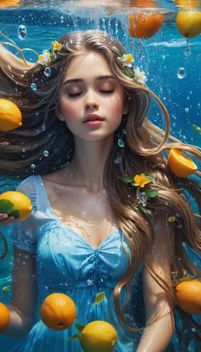 the woman with her hair is floating in the water, surrounded by lemons,mermaid background,underwater background,girl with a dolphin,naiad,floatation,water nymph,fish oil capsules,fish oil,mermaid vect