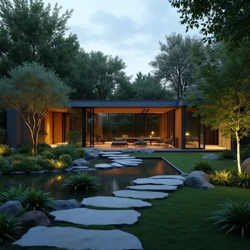 Stunning landscape design interface with modern, minimalist aesthetics. Show a tranquil garden with lush greenery, water features like a reflecting pond, sleek stone pathways, and a balance of natural