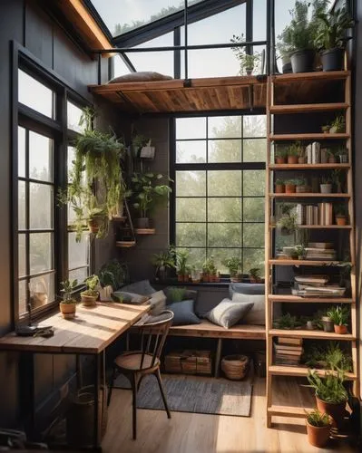 Modern DIY tiny house, minimalist interior, wooden accents, large windows, natural light, cozy reading nook, ladder leading to loft bed, industrial chic decor, metal pipes, reclaimed wood shelves, pot