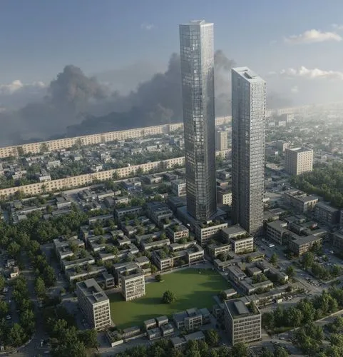 a very tall skyscr building with lots of trees in the foreground,urban development,redevelop,urban towers,high-rise building,business district,highrise,rezoning,residential tower,international towers,