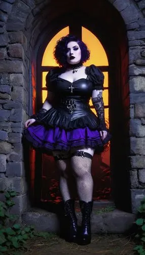 ssbbw goth girl, slender, pale skin, dark circles under eyes, bold black eyeliner, black lipstick, curly black hair with purple highlights, fishnet stockings, tight leather skirt, black boots with sil