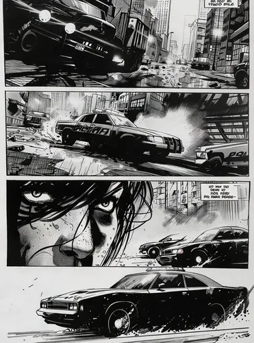a comics page in the style of frank miller concept art only with pencil, no inking, the page the page cuts out multiple cinematic extreme angles scenes from a movie chase between a Ducati Motorcycle a