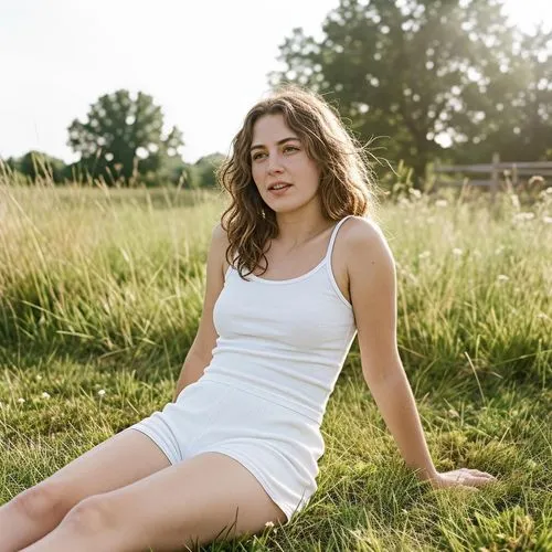 a 18 years old girl wearing lingerie， , xxxxxxx, A very realistic scene, on the outdoor grass, with a slight overexposure and a minor camera shake, xxxxxxx,an image of a woman sitting on the grass,gir