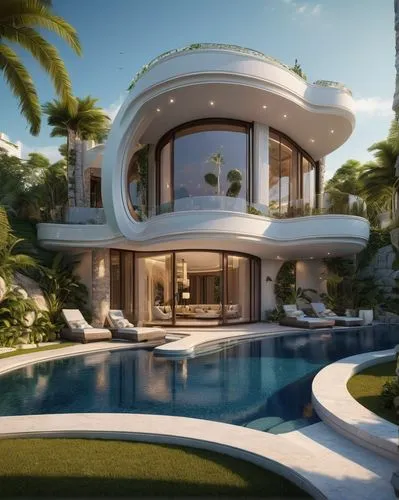 Modern villa, luxurious mansion, sleek lines, curved facade, grand entrance, symmetrical composition, ornate decorations, marble columns, large windows, sliding glass doors, minimalist interior, high 