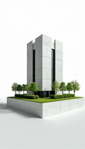 Modern architectural model, white background, color contrast, surface texture, use of moderate asymmetric composition, including dark and green areas


,this building is a concrete structure with tree