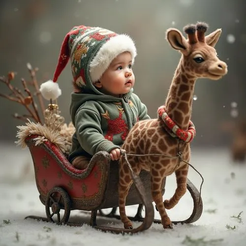 . Ein Baby Junge, der einen Weihnachts Hoodie trägt, wird von einer Giraffe auf einem Schlitten gezogen. ,a small baby riding in a toy cart,winter animals,santa claus with reindeer,christmas animals,s