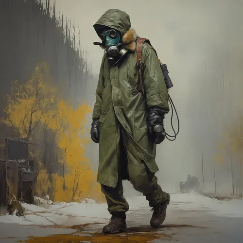 a scruff looking man in tribal cold weather clothing with fur and leather. An old weathered look on the man,hazmat suit,respirator,coveralls,respirators,protective clothing,protective suit,parka,poiso