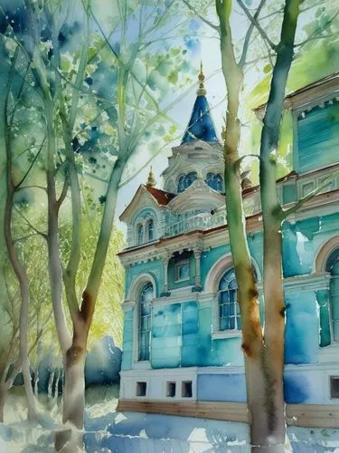 Особняк в неорусском стиле, весна, солнце в контражуре,an impressionic painting of a house in a park,house in the forest,fairy tale castle,bungalows,watercolor,watercolor shops,white temple