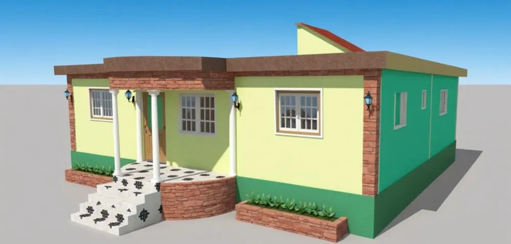 the small building has been rendered on the ground