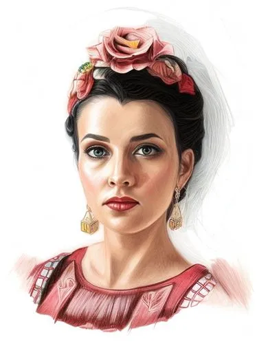 color drawing of woman,frida,adelita,miss circassian,folk costume,russian folk style,princess sofia,sibiu,tasmiarka,rosella,khokhloma painting,digital painting,traditional costume,romanian,girl portra