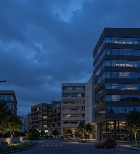 A photo-realistic shoot from the side about a modern office building at night, lit up with bright lights and reflecting the surrounding environment. the image also shows a car parked on the street and