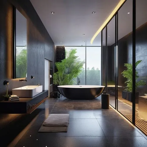 BLACK THEME INTERIOR ,HIGHLY LUXURIOUS ,ULTRA 32K REALISTIC,modern minimalist bathroom,luxury bathroom,interior modern design,modern room,luxury home interior,modern decor,3d rendering,shower bar,bath