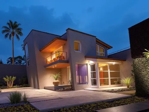 PHOTOGRAPH TAKEN WITH A KODAK CAMERA, WITH A 35MM LENS A contemporary, two-story, Mexican-style house at dusk, with dim ambient lighting and a starry sky amidst a tropical landscape. It is predominant