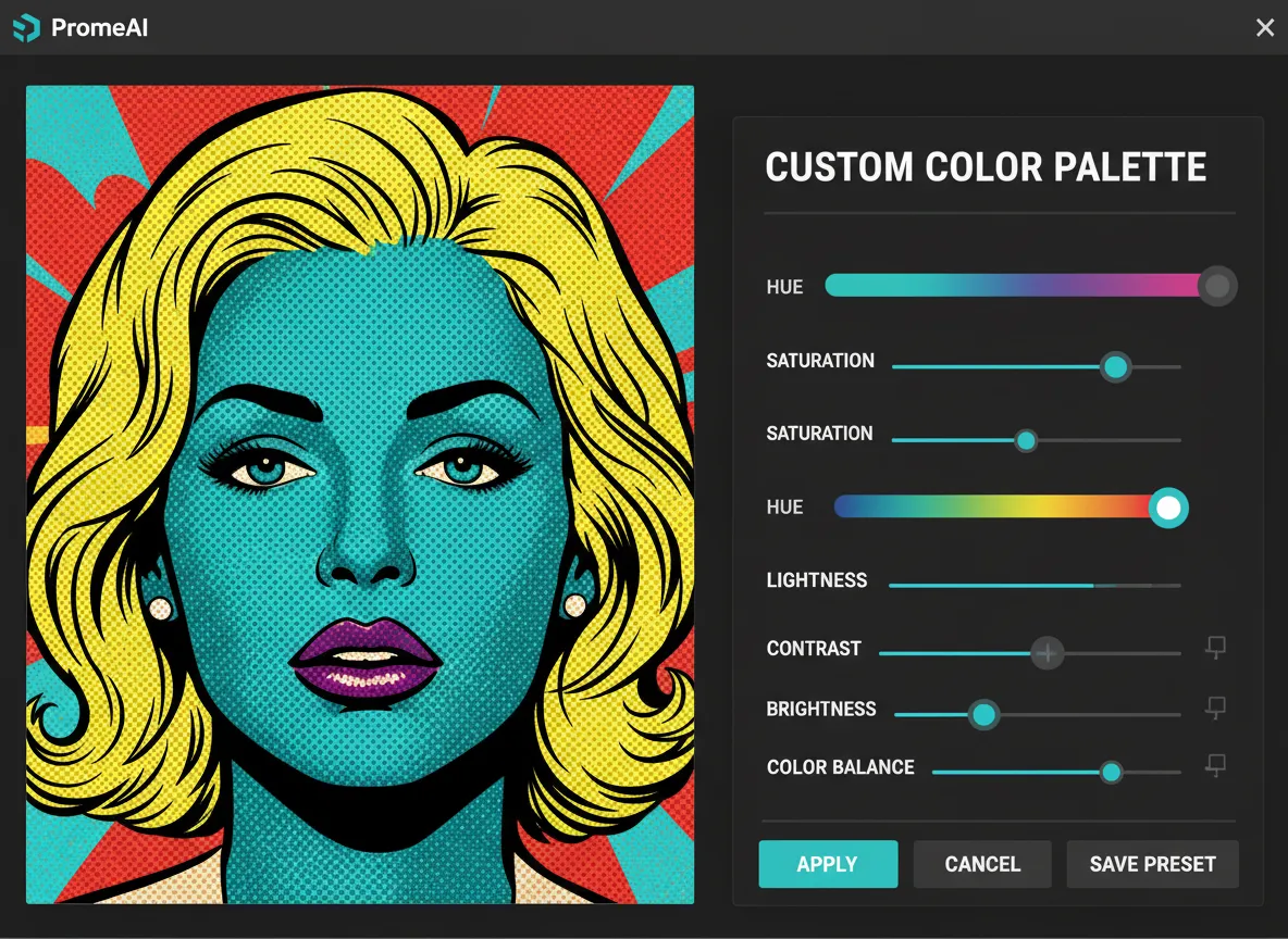 Uno screenshot dell'interfaccia utente di PromeAI che mostra un utente mentre regola i cursori del colore su un'immagine Pop Art per creare una palette personalizzata.