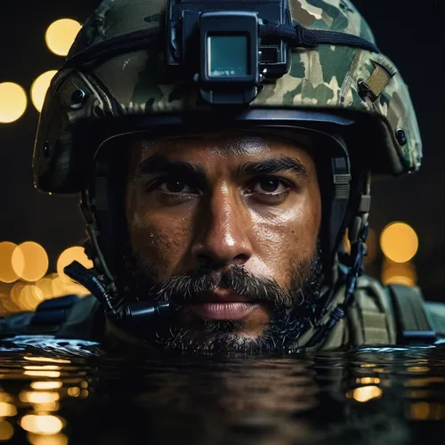 A Navy Seal from the USA looking in the water on a mission at Night，cinematic film still, shallow depth of field, vignette, highly detailed, high budget, bokeh, cinemascope, moody, epic, gorgeous, fil