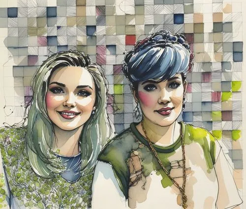 a painting with a pair of women wearing different outfits,watercolor women accessory,watercolor background,watercolor texture,watercolor,watercolor painting,watercolor cocktails