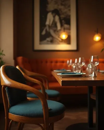 Create an image of a cozy restaurant interior during the golden hour, emphasizing a warm and inviting atmosphere. The color palette should consist of rich browns, soft amber tones and deep shadows, cr
