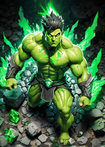 Criar guerreiro muito forte, sem camisa, com muita raiva, olhos com brilho intenso na cor verde, braços carregados de energia em verde, chão com entulhos e pedras,the green and white hero standing in 