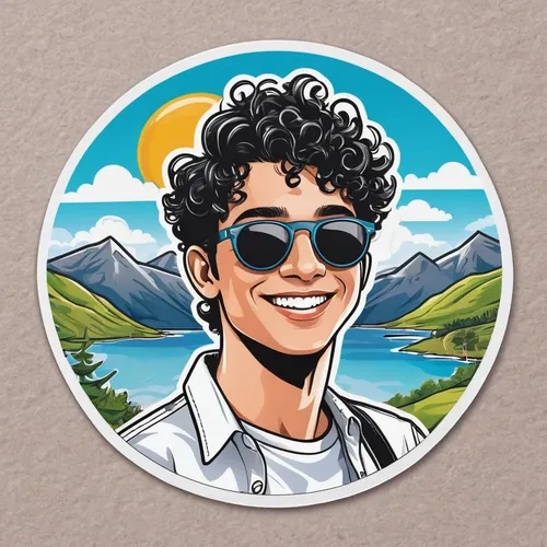 Round youtube logo with head of a smiling 20 year old boy white short black hair curly sunglasses with in background a landscape holiday white shirt cartoon realistic,flat blogger icon,linkedin icon,b